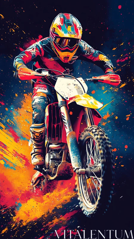 Explosive motocross jump amid neon paint bursts in motion.