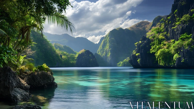 Tropical lagoon framed by limestone cliffs and jungle vegetation.