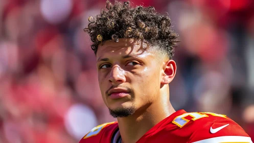 Intense football player portrait in bright stadium light.