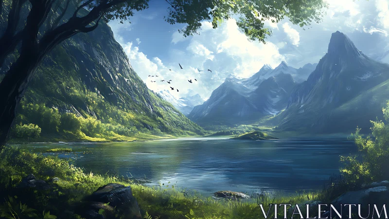 Peaceful mountain lake under sunlit skies and soaring peaks.