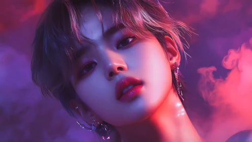 Digital portrait of androgynous face in neon gradient light.