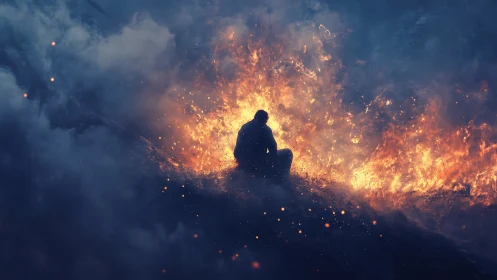 Solitary Figure in Raging Inferno.