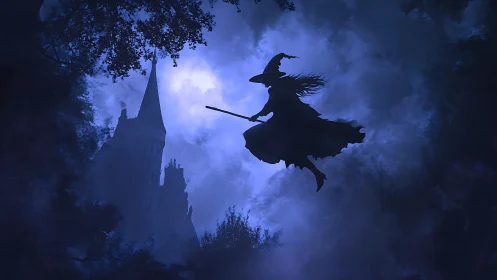 Silhouetted witch on broom against moonlit castle sky.