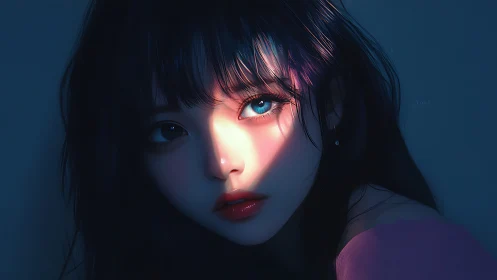 Close-up anime girl portrait in blue and pink light.