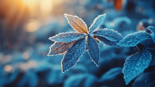 Macro study isolates frost-edged leaves in warm backlight