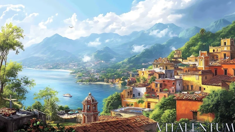 Digital painting of terraced coastal village and misty mountains.