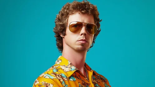 Chromatic retro portrait with teal field and amber optics.