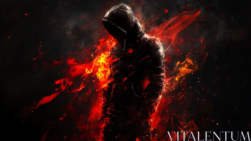Hooded figure wrapped in glowing red and orange flames.