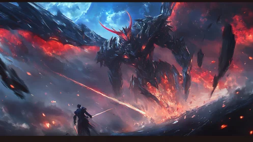 Armored figure confronts towering molten entity in storm