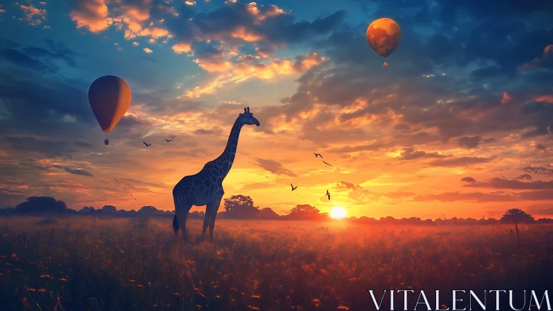 Giraffe watches sunrise beneath glowing hot air balloons.