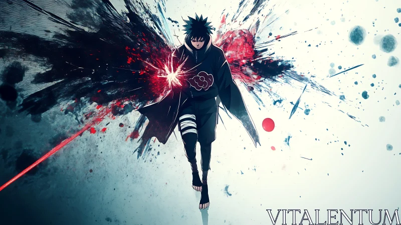 High-contrast anime warrior with radial energy burst and splatter field