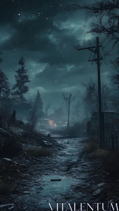 Rain-soaked rural track under storm clouds with distant firelit shack