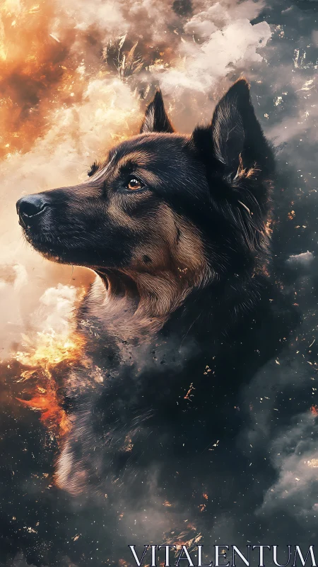 Majestic shepherd profile emerging through fiery smoke clouds.