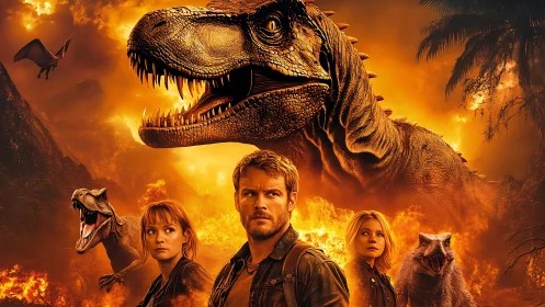 Dinosaur action poster with three humans in fiery landscape.