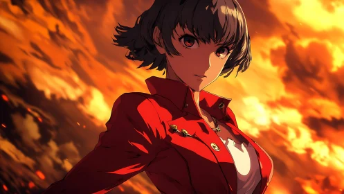 Defiant anime heroine in red jacket under burning sky.