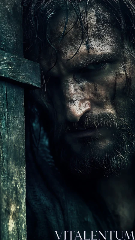 Grit-dark close-up portrait with weathered wood cruciform framing.