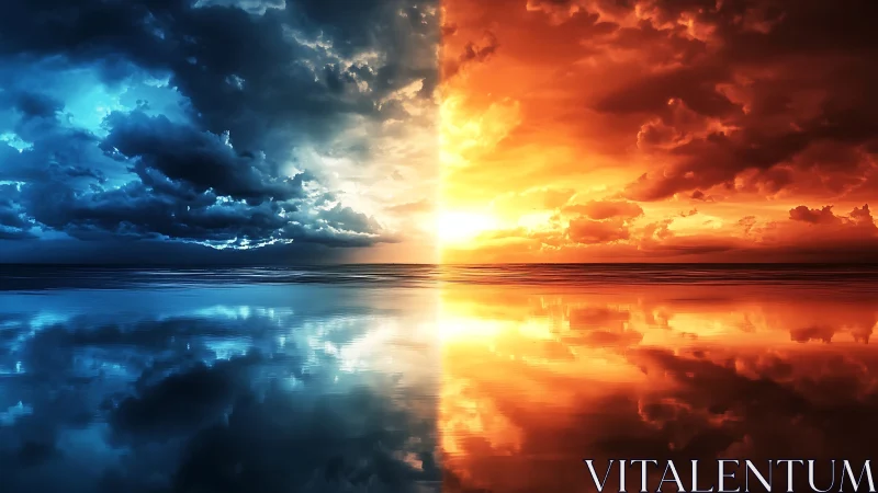 Dramatic split sky over calm water in blue and orange.