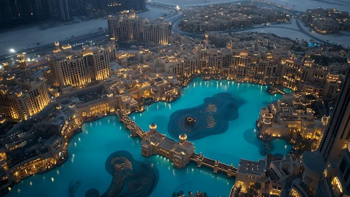Evening aerial view of illuminated waterfront urban complex.