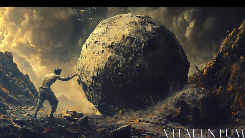 Mythic struggler heaves a mountain-boulder through stormtorn dusk.