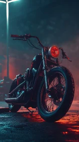 Custom bobber motorcycle in neon red and teal cinematic rain.