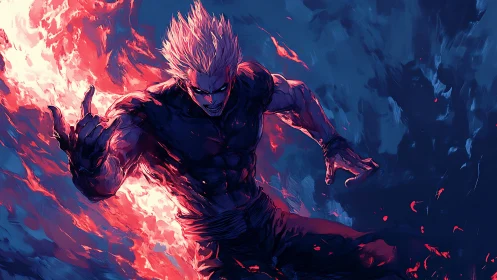 Flaming silver‑haired warrior lunging through blue inferno.