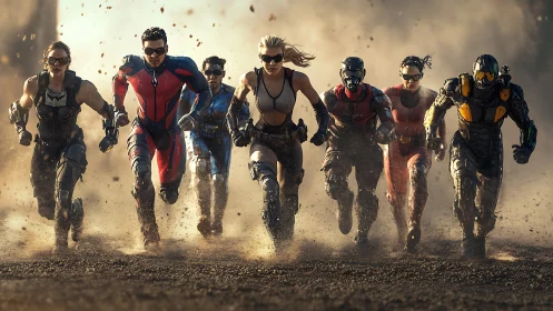 Futuristic heroes sprint through dust toward bold horizons.