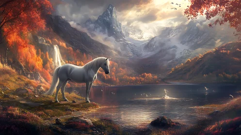 Gentle white horse pauses by a glowing autumn mountain lake