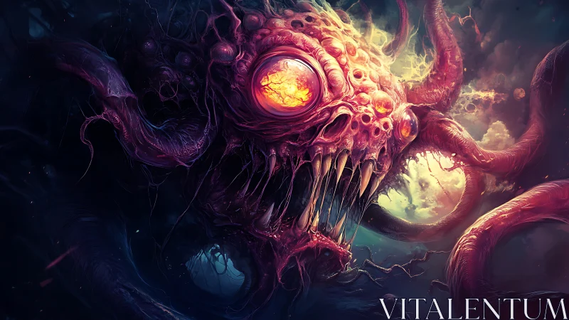 Grotesque tentacled monster with glowing eyes in void