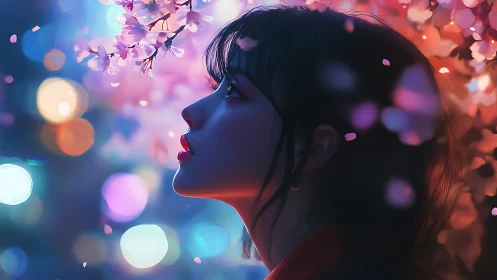 Neon dusk profile beneath softly glowing cherry blossoms.