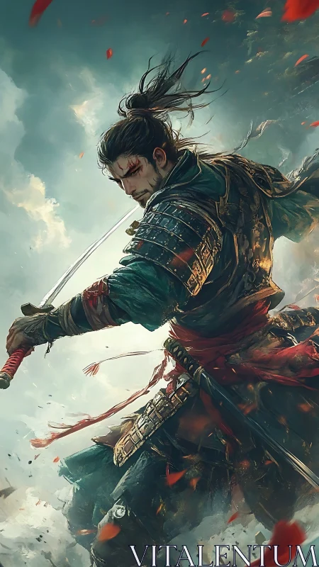 Wounded samurai warrior in dynamic storm-lit battle stance.