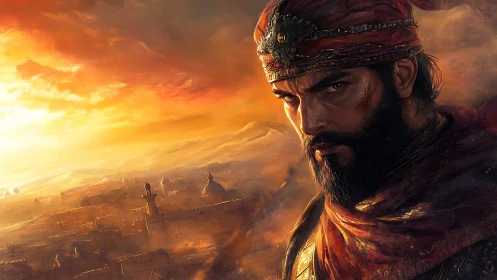 Warrior in red turban overlooking sunset desert cityscape.