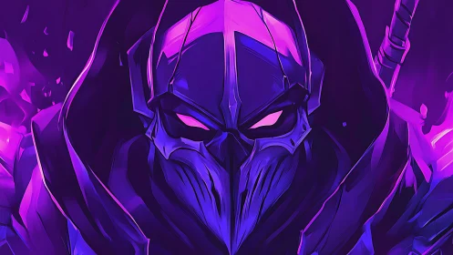 Hooded armored figure in violet and magenta digital lighting.