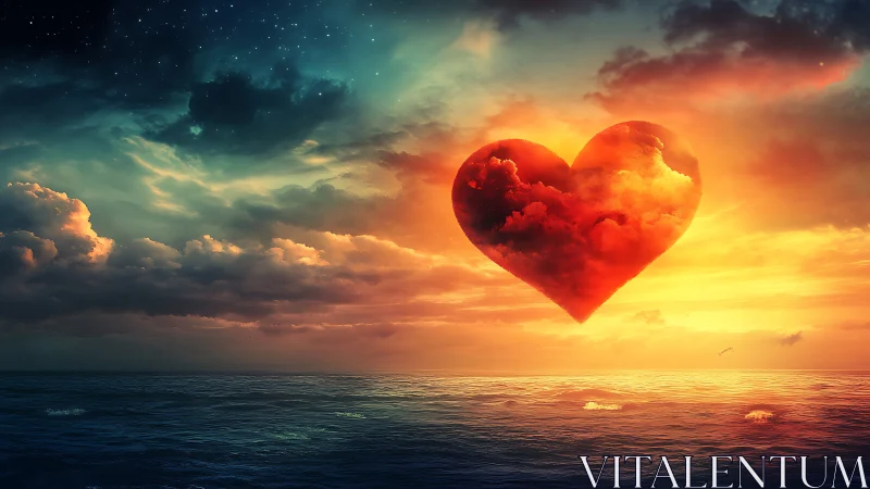 Glowing Heart Suspended in Golden Sunset Sky Over Ocean.