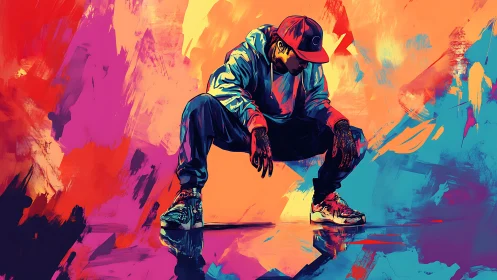 Color-splashed street dancer rests in a bold urban spotlight