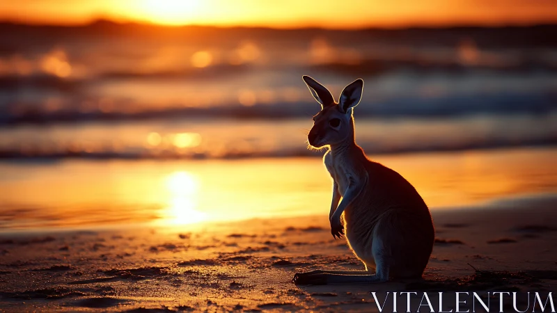 Kangaroo pauses on a glowing shoreline at radiant sunset