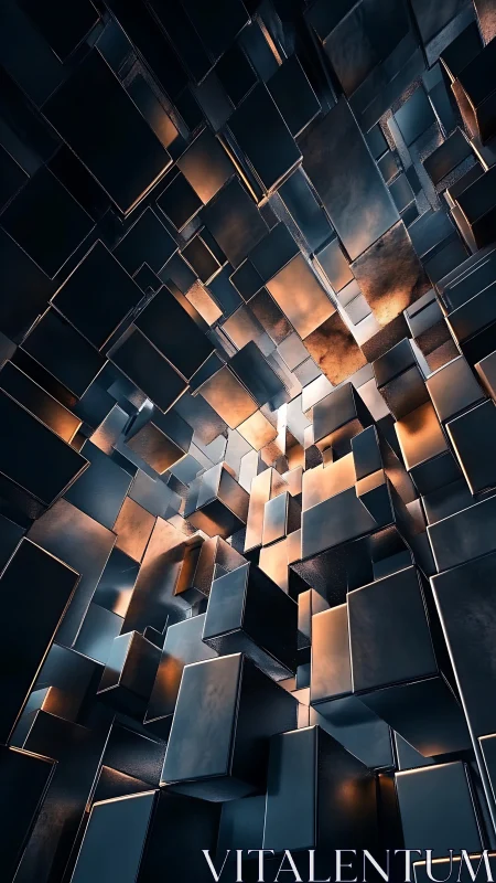 Metallic geometric cubes with warm industrial glow.