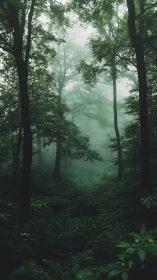 Misty Forest Path Through Dense Woodland.