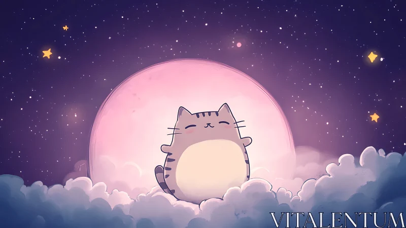 Chubby cartoon cat rests on glowing moon above clouds