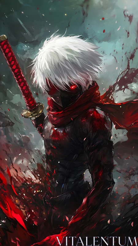 Crimson-eyed warrior rises, wrapped in shadows and scarlet fury