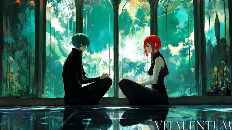 Bichromatic figures in reflective cathedral atrium dialogue.