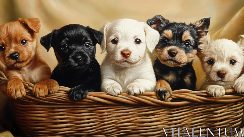 High-detail digital painting of five mixed-breed puppies in basket
