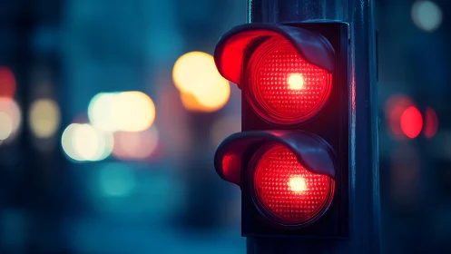 Night traffic light with twin red signals glowing.