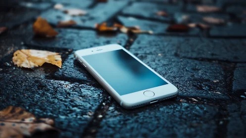 White smartphone on weathered blue-toned asphalt surface with autumn debris
