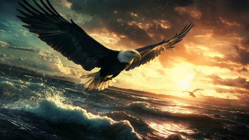 Majestic Bald Eagle Soaring Over Ocean Waves at Vibrant Sunset.
