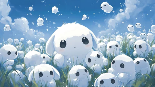 Digital painting of fluffy white creatures in airy grassland field.