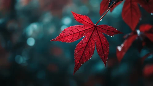 Single wet red maple leaf hangs against soft teal bokeh