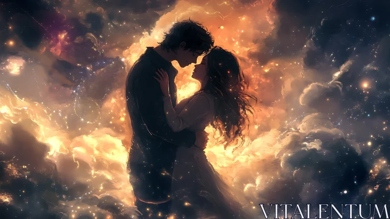 Two figures kissing amid glowing orange flames and cosmic clouds