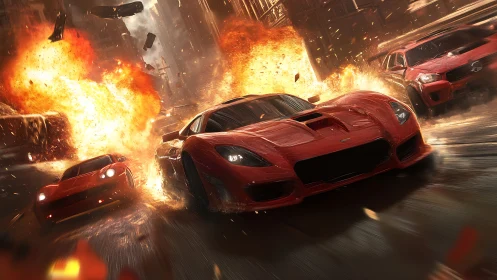 Explosive urban chase with red supercars in dynamic motion.