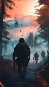 Tactical squad advances through foggy forest under orange sky