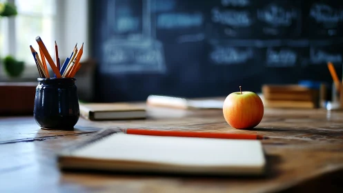 Quiet classroom morning with pencils, notebooks, and apple.
